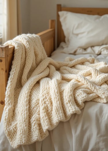 chunky hand-knit throw draped casually over the corner of a wooden bed frame with linen bedding, sof