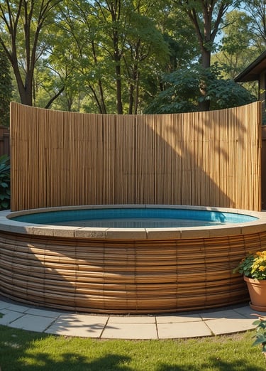 natural reed privacy screen wrapped around the base of an above ground pool in a sunny backyard, pot