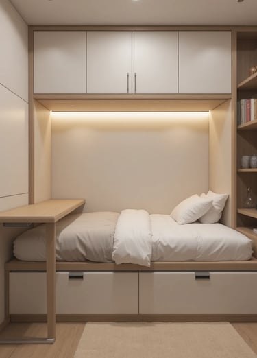 A compact bedroom featuring a storage bed with built-in drawers