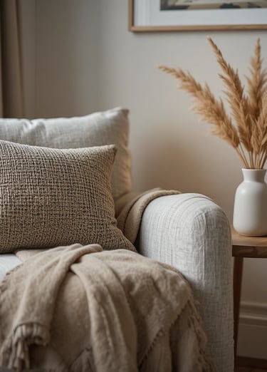 Close-up of a styled living room corner with a modern armchair, textured cushion, draped throw blank