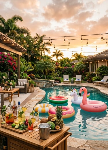 beautifully decorated backyard pool party at golden hour