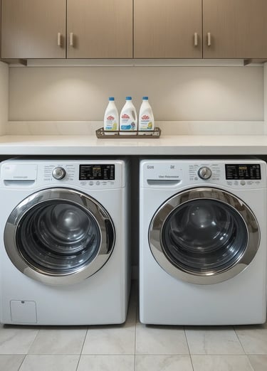 A modern laundry room with a wide clean countertop above front-load washer and dryer