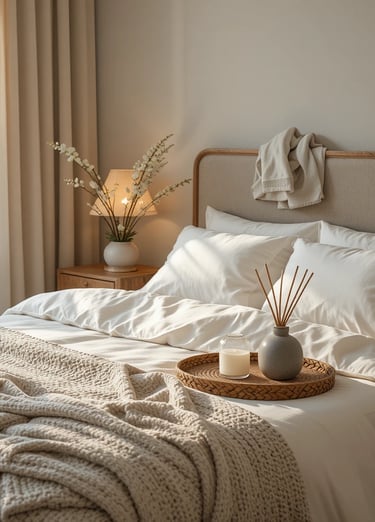 Photorealistic editorial bedroom scene with all five steps applied — a beautifully layered ivory lin