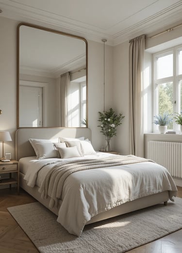 Tiny bedroom with a large floor mirror reflecting natural light from a window