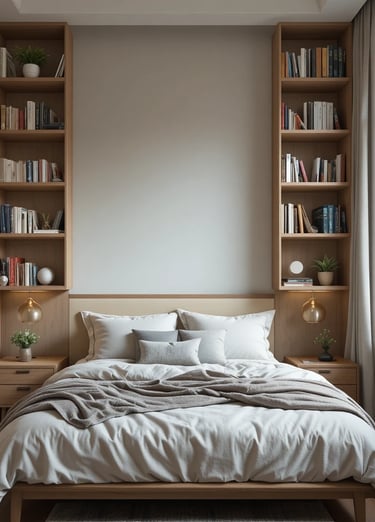 Small bedroom with tall floating wooden shelves above the bed filled with books and neutral decor