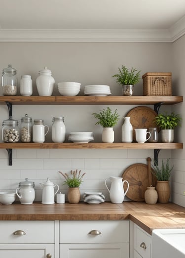 A charming farmhouse kitchen with open wooden shelves