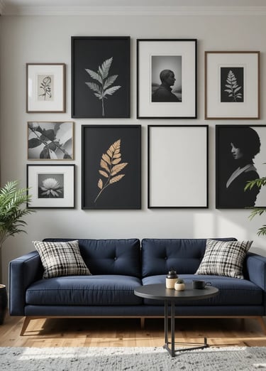 Gallery wall with multiple minimalist frames in black and wood tones, styled artwork, clean arrangem