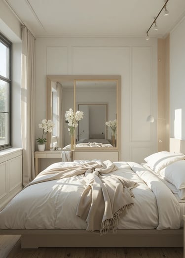 A compact bedroom with a large mirror reflecting natural light