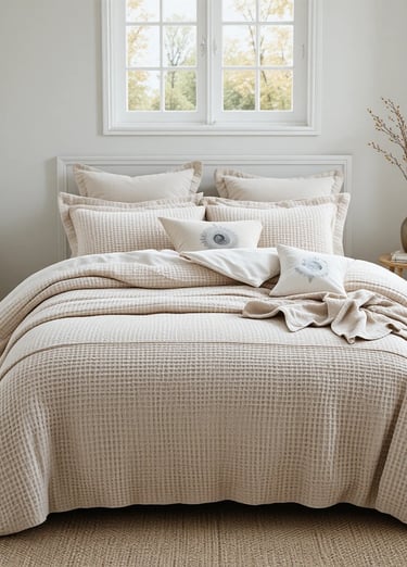 A neatly styled bed in a small bedroom with a neutral waffle knit duvet cover in beige tones