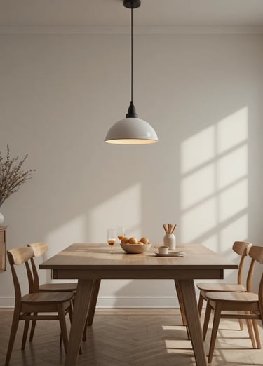 Minimalist warm pendant light hanging above dining table, glowing softly, cozy Scandinavian dining r