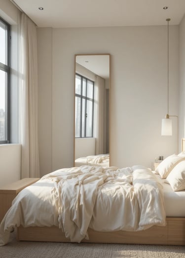 A small minimalist bedroom with a tall full-length mirror leaning against a wall