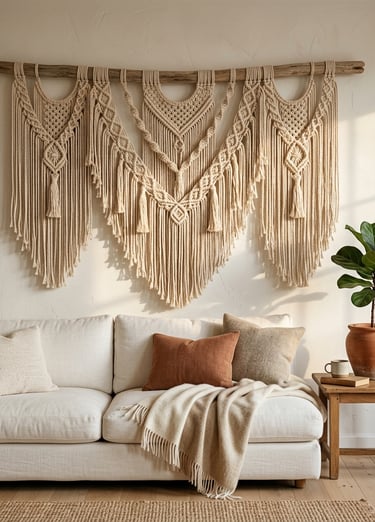 Photorealistic editorial vignette of a large natural cotton macrame wall hanging with a driftwood ro