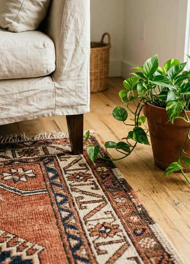 Photorealistic editorial vignette of a hand-knotted terracotta and cream kilim rug on light oak hard