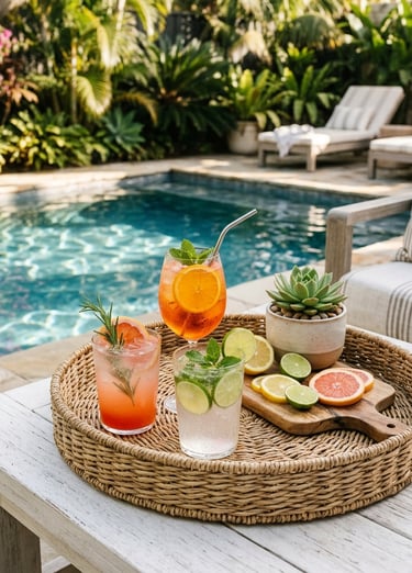 woven seagrass tray styled on a white outdoor table beside a pool, topped with colorful drinks in cl