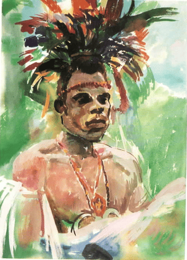 Acuarela de Boris Alekseev sobre el retrato de un aborigen de papua nueva guinea