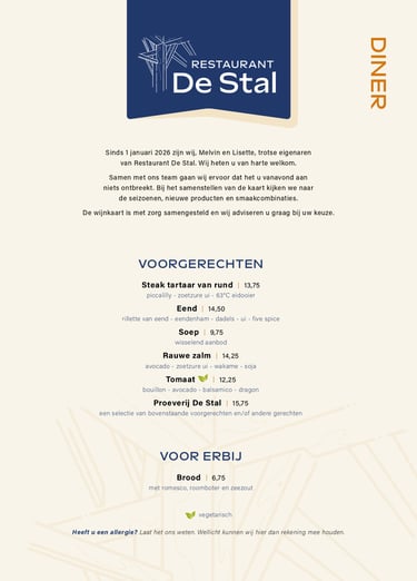 Menukaart van restaurant De Stal in Den Burg op Texel
