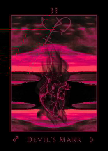 Satanic tarot card titled Devil's Mark, featuring a burning anatomical heart over a dark red sunset.