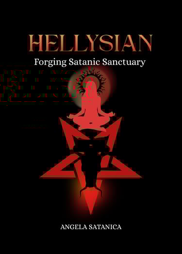 Book cover for Hellysian: Forging Satanic Sanctuary featuring a red silhouette meditating over a pentagram.