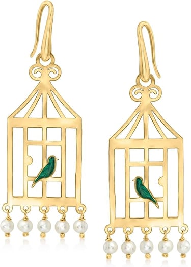 Italian 4-4.5mm Cultured Pearl and Green Enamel Bird CageJewelry for Black Dress Drop Earrings in 18kt Gold Over Sterling