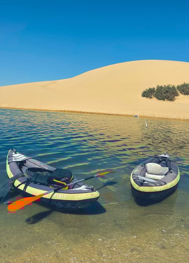Two inflatable kayaks with paddles rest in the shallow water of a lake. 