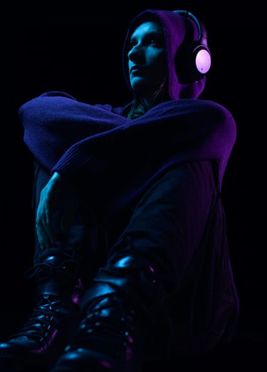 Une femme en sweat à capuche perdue dans ses pensées avec son casque audio. Dans un style neon