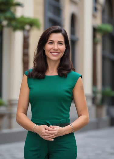 Elegant office space with emerald and gold accents reflecting a minimalist real estate brand.