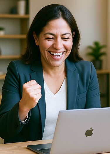 Latina businesswoman in her 40s celebrating success while looking at her laptop in a office