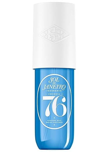 Sol de Janeiro Cheirosa 76 perfume mist in a blue bottle with a white cap.