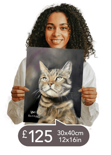 a woman holding a oil painting of a cat's portrait size 45cm x 30cm only £125
