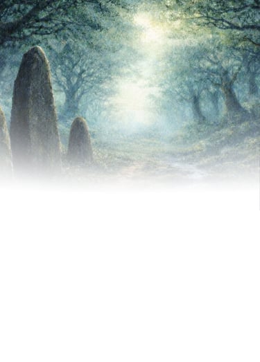 Misty forest path with ancient standing stones and soft teal-green light, representing The Living Pa
