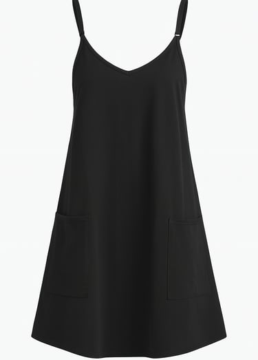 black sleeveless slip dress with thin straps on a white background