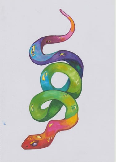 A marker drawing of a snake in rainbow colours.