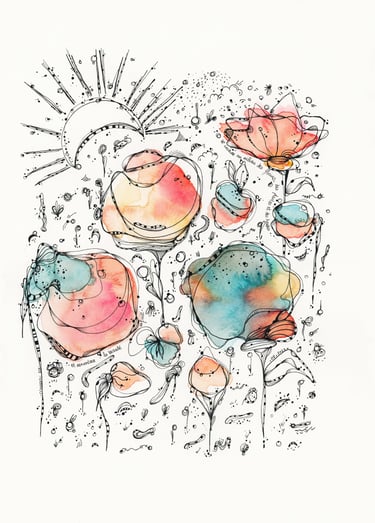 Illustration à l'encre et aquarelle avec des fleurs psychédéliques