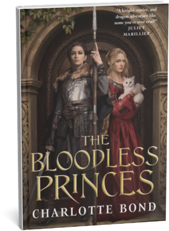 Book cover of The Bloodless Princes by Charlotte Bond featuring a knight and a princess with a cat.