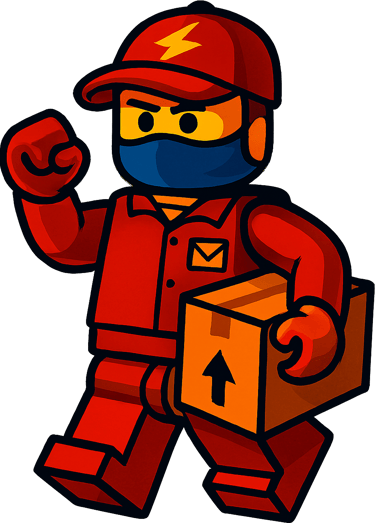A red toy delivery worker figure wearing a mask and carrying a cardboard shipping package.