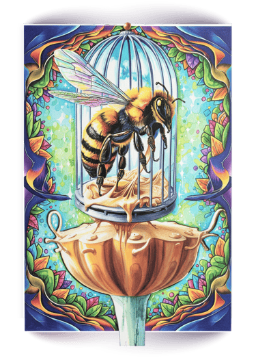 Surreal colored bumblebee inside a birdcage dripping with golden honey on a floral stand.