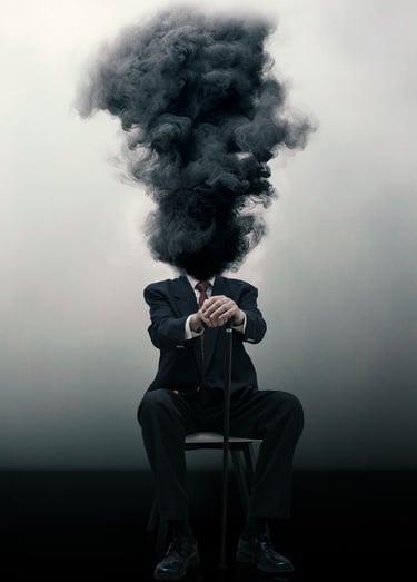 a man in a suit and tie with a smoke billowing