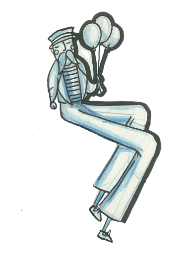 Whimsical blue ink illustration of a tall man in a sailor suit holding balloons on a black background.