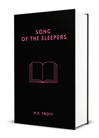 A black book cover featuring a bright pink line drawing of an open book