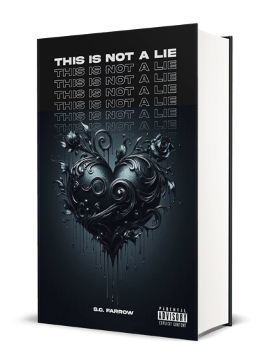 A black book cover featuring a black romantic heart entwined in roses and decorative flourishes