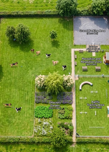 Aerial view of a dog park with an agility training area, olfactory garden, and fenced play lawn.