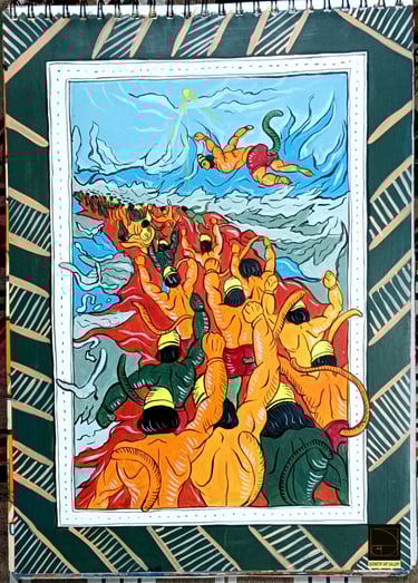 pattachitra art of hindu scripture ramayana in which army of monkeys are heading towards lanka