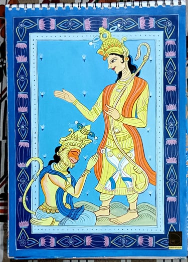 pattachitra art of ramayana - hindu scripture in which lord rama is blessing hanuman