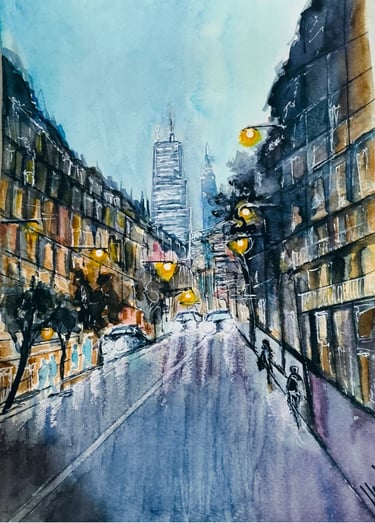 Reflejos de una tarde de lluvia. Ciudad. Acuarela. Arte Sancho