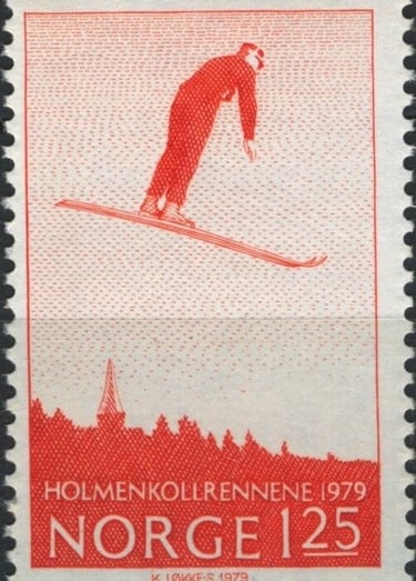 A norwegian stamp with a man on skis in the air