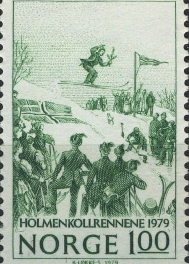 a green norwegian stamp featuring a ski jumping event