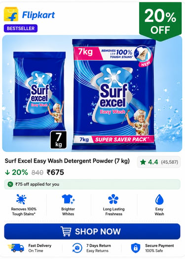 Surf Excel Easy Wash Detergent Powder 7kg pack with 20% discount offer on Flipkart ecommerce store.