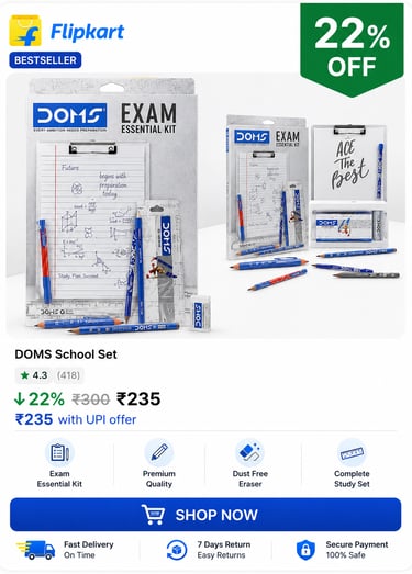 DOMS Exam Essential Kit school set with pencils, eraser, and ruler for students.
