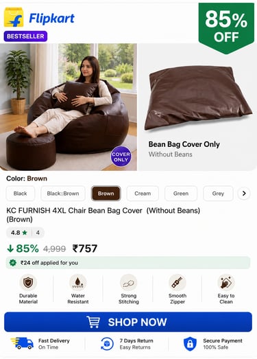 KC FURNISH brown 4XL faux leather bean bag cover for living room furniture.