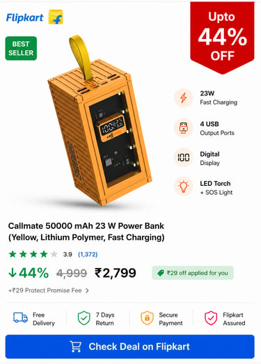 Callmate 50000mAh yellow fast charging power bank with digital display and 4 USB ports on Flipkart.